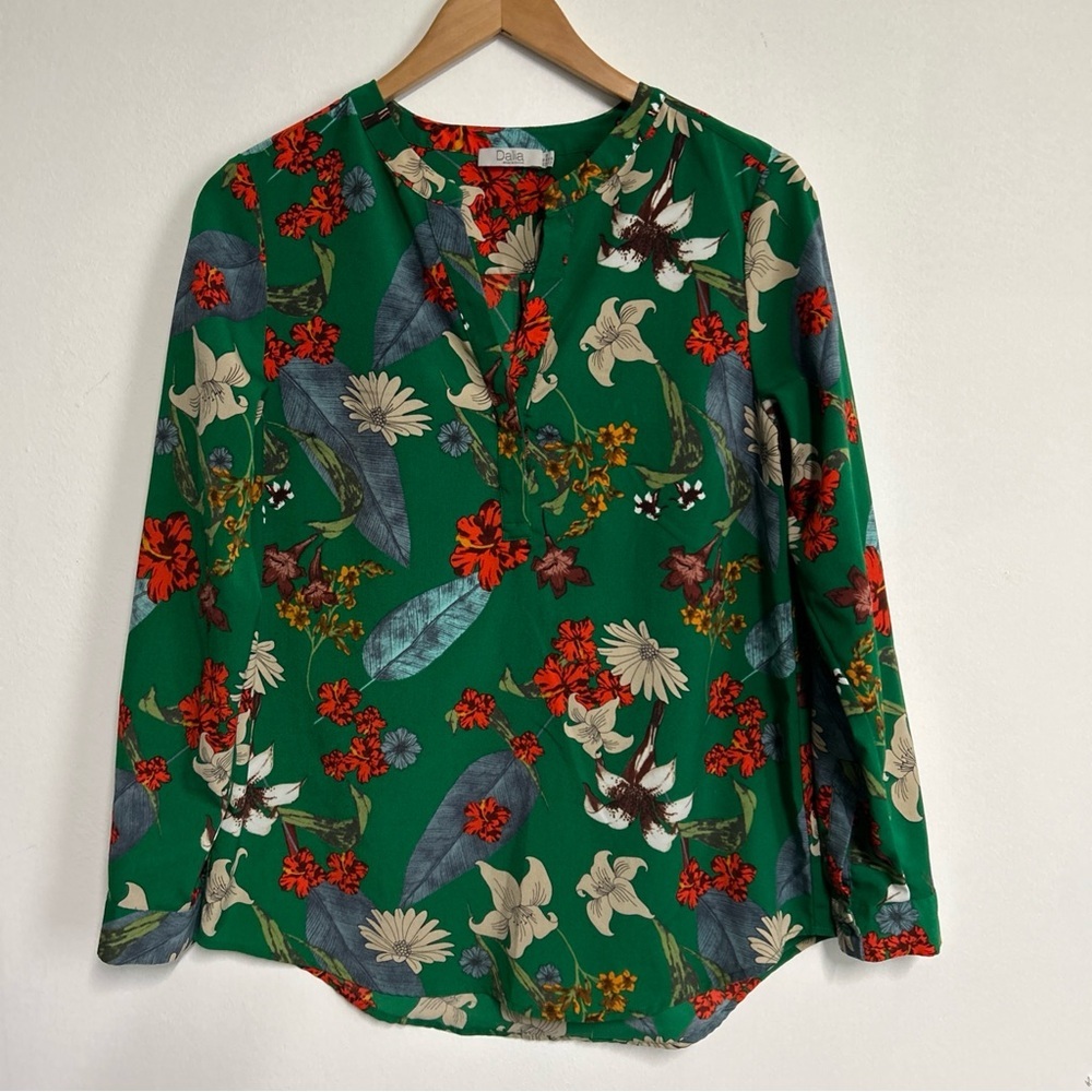 Women’s Medium Green Floral‎ Blouse Long Sleeve Colorful Cottagecore Office